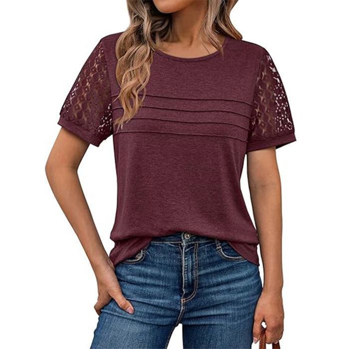 T-Shirt Femme Col Rond Manches courtes Elegant Confortable,Bordeaux