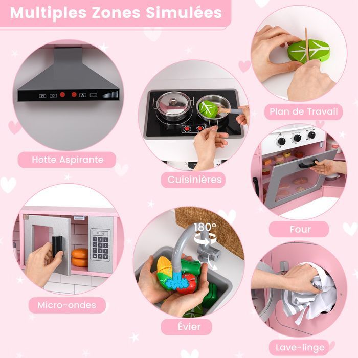 Cocina infantil de madera XXL de COSTWAY - 15 accesorios, efectos de luz y sonido, regalo de lujo rosa para fiestas