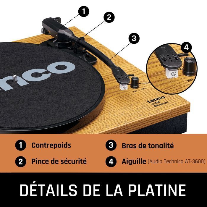 Lenco LS-300WD - Giradischi con Bluetooth® e due altoparlanti esterni, in legno