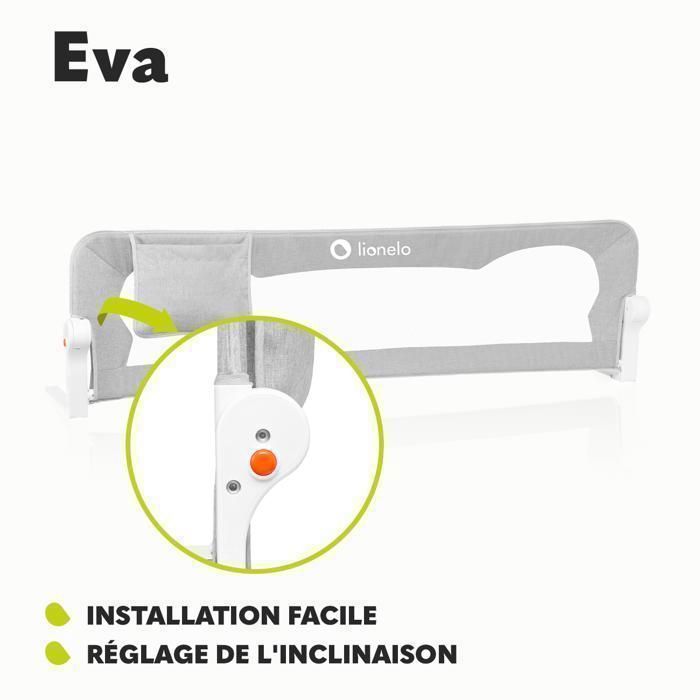 Barrière de lit bébé LIONELO Eva - 150 x 42 cm - Pliable - Cadre sûr et stable - Légère - Maille aérée - Gris