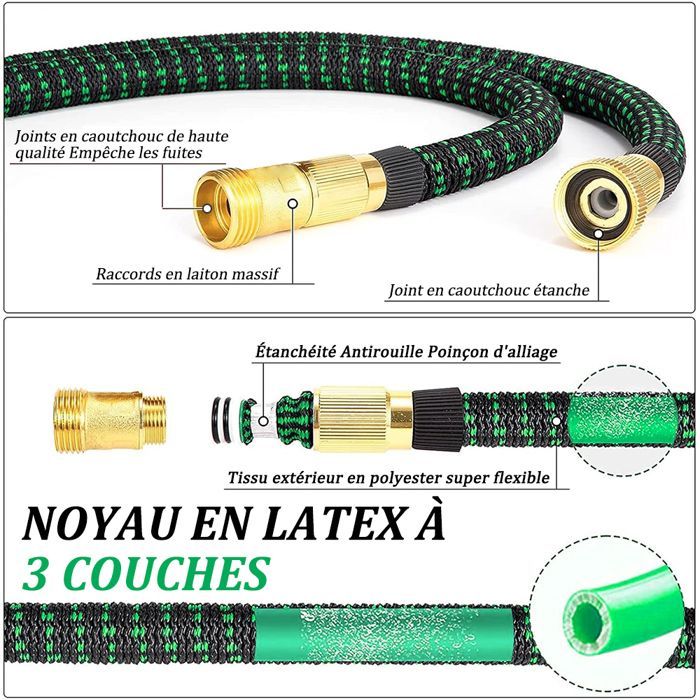 Tuyau d'arrosage extensible 5→15 m avec pistolet 10 fonctions et support – 3 couches latex, raccords cuivre