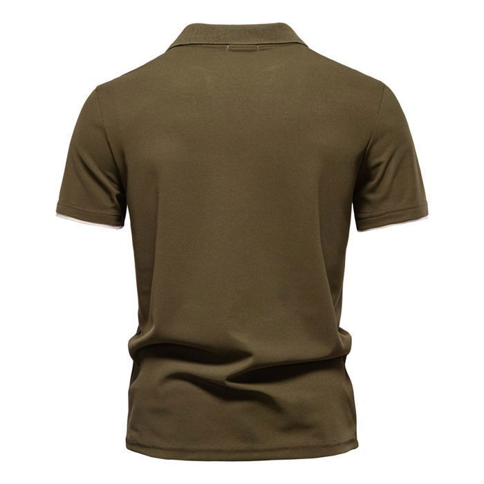 Men's Short Sleeve V-Neck Polo Shirt with Deer Embroidery, Casual Summer Polo Shirt, Regular Fit, Contrasting Colour - EU Size - Military Green