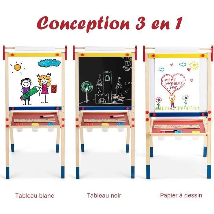 Cavalete infantil 3 em 1 em madeira de pinho, com quadro magnético dupla face e 3 alturas disponíveis.