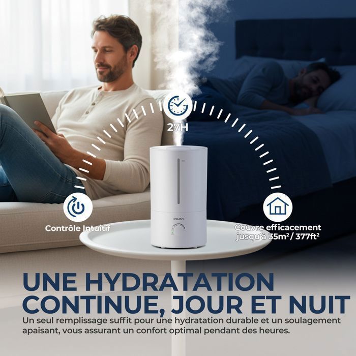 Humidificador de aire ROUNY 4L - Funcionamiento ultrasilencioso - 350 ml/h - Salida de niebla ajustable de 360° - NOS W3