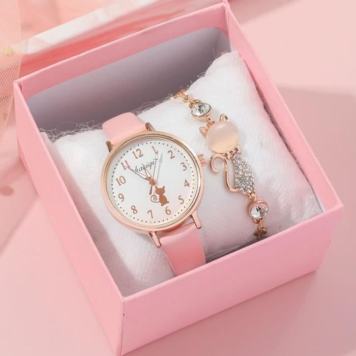 Set orologio e bracciale da bambina - grazioso bracciale alla moda con gatto e cinturino in pelle con strass - Regalo di Natale