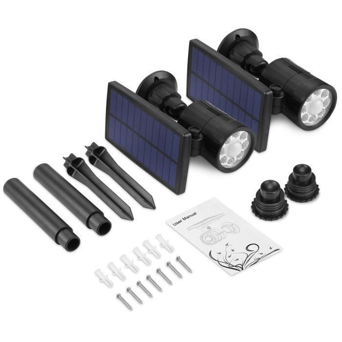 2PCS Projecteur solaire, lumières à détecteur de mouvement, 800 lumens, avec 4 modes, éclairage de sécurité solaire étanche