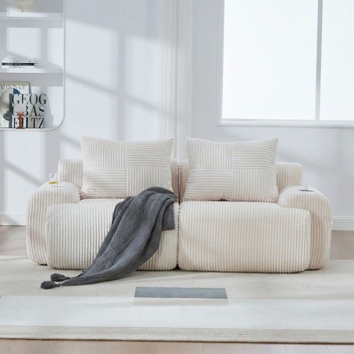 Canapé modulable 2 places - LANGTU - 2 Places Modulable - Velours côtelé beige - Porte-gobelet & poche latérale - 200×99×80cm