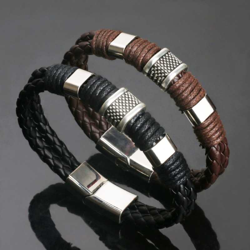 2021 Fashion Charm Jewelry – Handmade Braided Leather Bracelet for Men – Vintage Cuff-Style Magnetic Bracelet