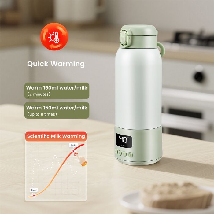 Draagbare babyflesverwarmer van 500 ml, ideaal voor op reis, snoerloos, geschikt voor water en moedermelk, instelbare temperatuur van 37 tot 70 °C.