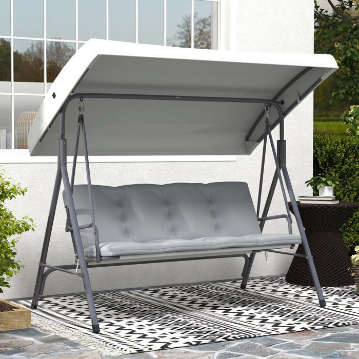 Columpio de jardín de 3 plazas - Outsunny - Toldo grueso con inclinación ajustable, cojines extraíbles - Poliéster, acero con revestimiento epoxi - Gris claro