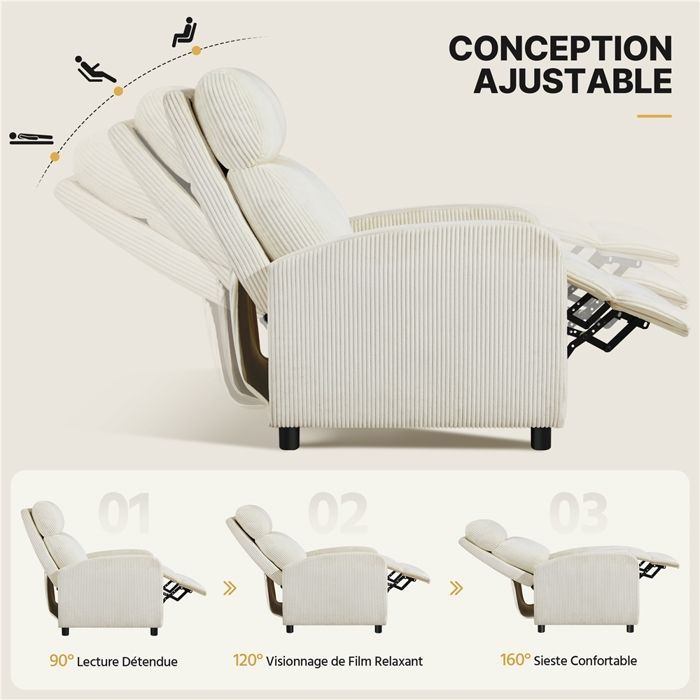 Yaheetech Fauteuil Inclinable en Velours Fauteuil de Salon Rembourré Fauteuil Convertible avec Repose Pied, Beige