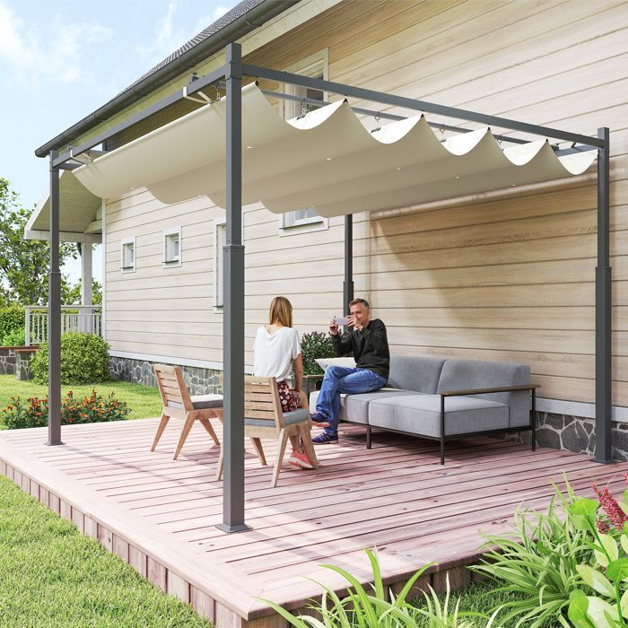 Pergola de jardin exterieur - Outsunny - 3 x 3 m - toit rétractable et fixation magnétique - abri soleil UPF30+ - crème