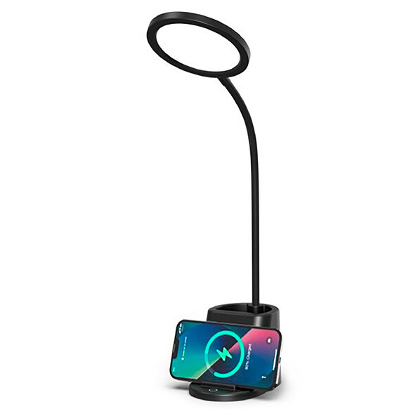 Lampă de masă LED plată cu funcție de încărcare wireless, neagră