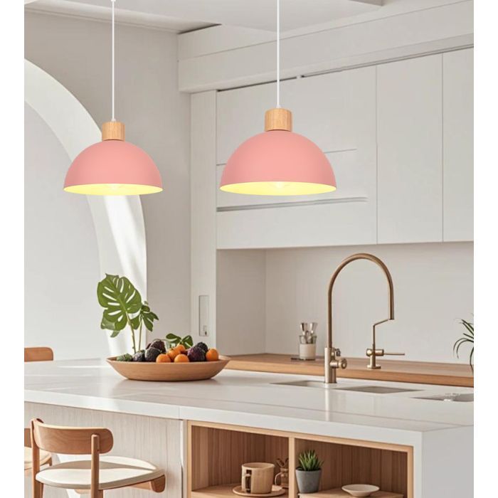 iDEGU Industriel Suspension Luminaire Moderne Lampe de Plafond en Bois Métal Design Demi - cercle Luminaire Rétro,Rose,Ø 25CM