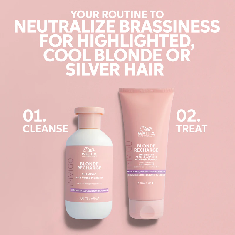 Condicionador roxo Wella Professionals Invigo Blonde Recharge que neutraliza os tons amarelados.