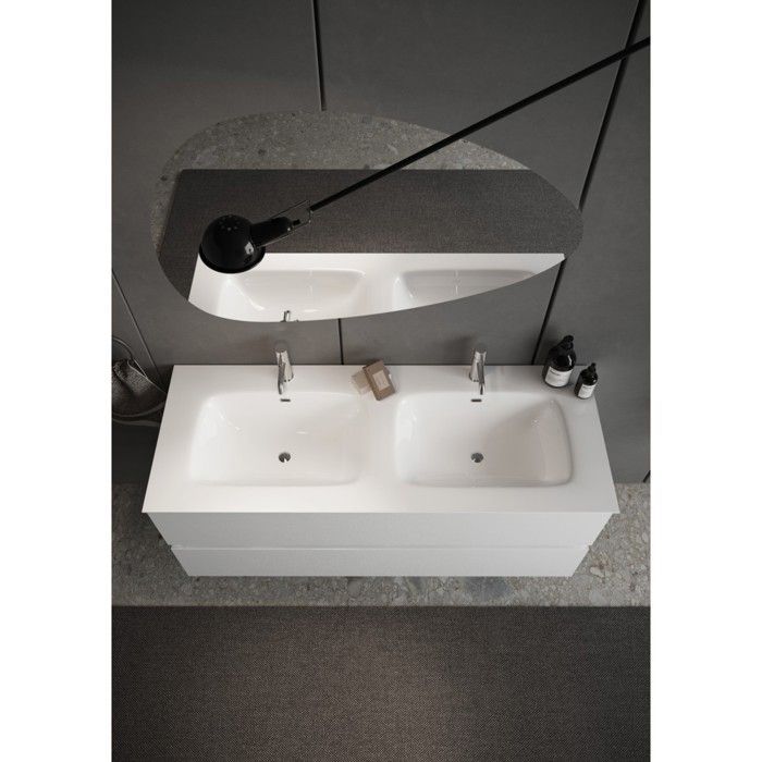 Wandhängender Waschtisch mit zwei Waschbecken und zwei Schubladen, Kollektion VIENNE. Hochglanzweiße Oberfläche.