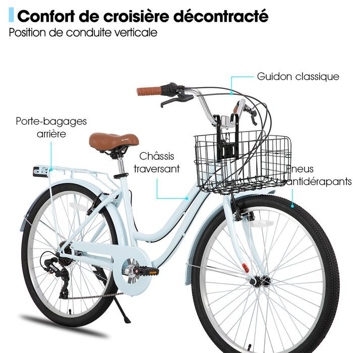 HILAND 26 pouces Vélo de Ville  - 7 Vitesses, Freins Double Sécurité, Cadre Bas, Garde-Boue et Porte-Bagages, Bleu