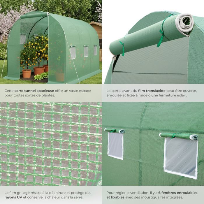 Invernadero de jardín - TECTAKE - Invernadero tipo túnel de 11,4 m³ con 6 ventanas, cubierta resistente a las heladas y a los rayos UV, 343 x 200 x 200 cm