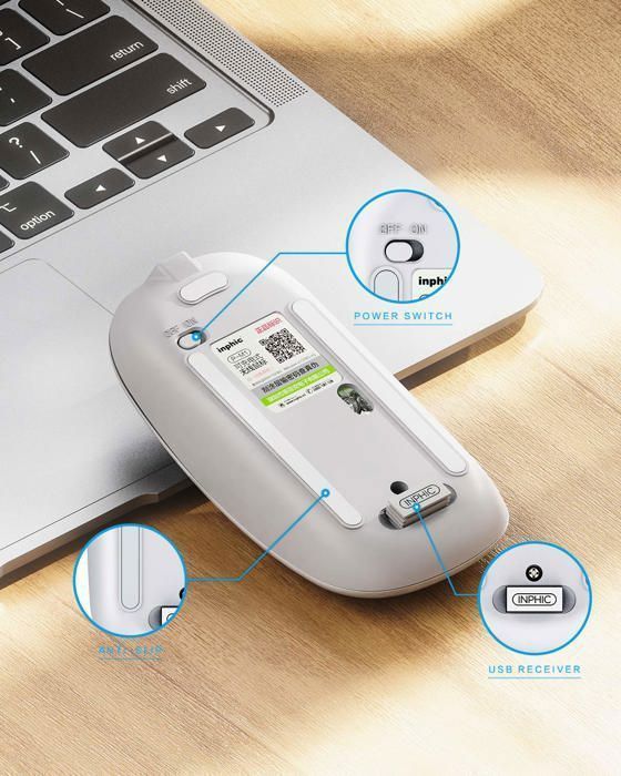Mouse ottico wireless ricaricabile silenzioso SDLOGAL 2.4G 1600 DPI con ricevitore USB, livello batteria visibile, argento