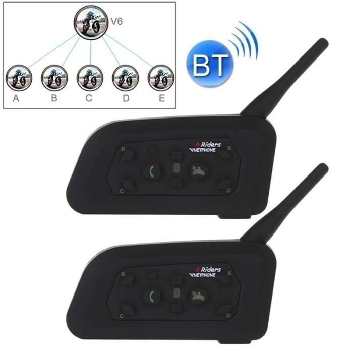 2x Intercom Moto Vnetphone V6-1200 Bluetooth étanche 1200m, micro, jusqu'à 8h, pour 6 motards