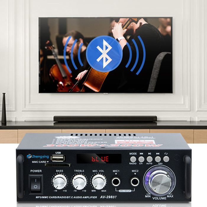 Amplificador de audio estéreo HiFi con entrada para tarjeta SD, radio FM y Bluetooth, 12V/220V, 300W + 300W