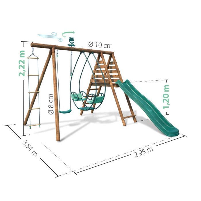 Portique en bois rond 3 agrès avec face à face, échelle et toboggan LAVANDE