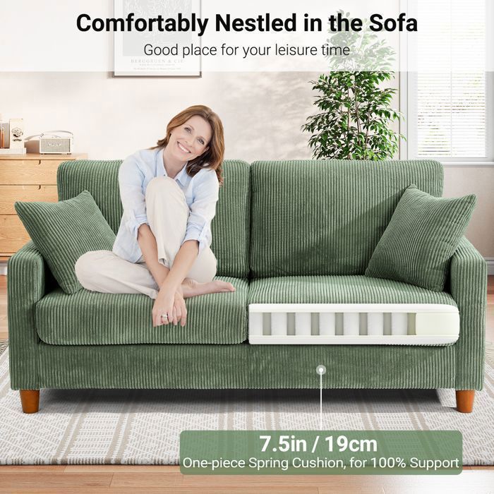 Sofá de 2/3 plazas en pana verde, estilo escandinavo, con 2 cojines y 2 almohadas para salón, patas de madera, 178×76×84cm