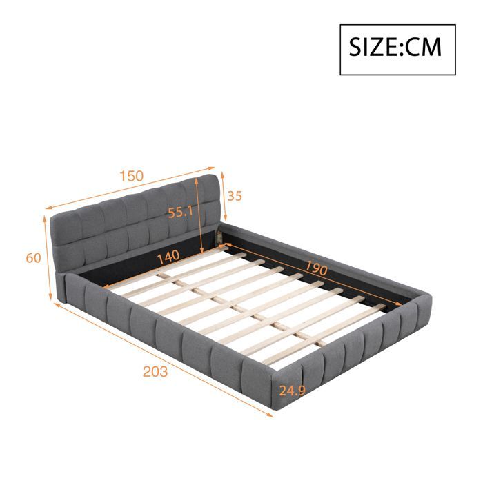 Cama de casal 140x190 cm - Tecido de linho - Estrado incluído - Design contemporâneo - 2 lugares - Cinza