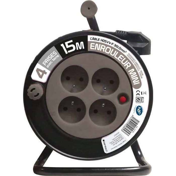 Carrete de cable eléctrico 3G de 15 m + 4 tomas en T - Color topo