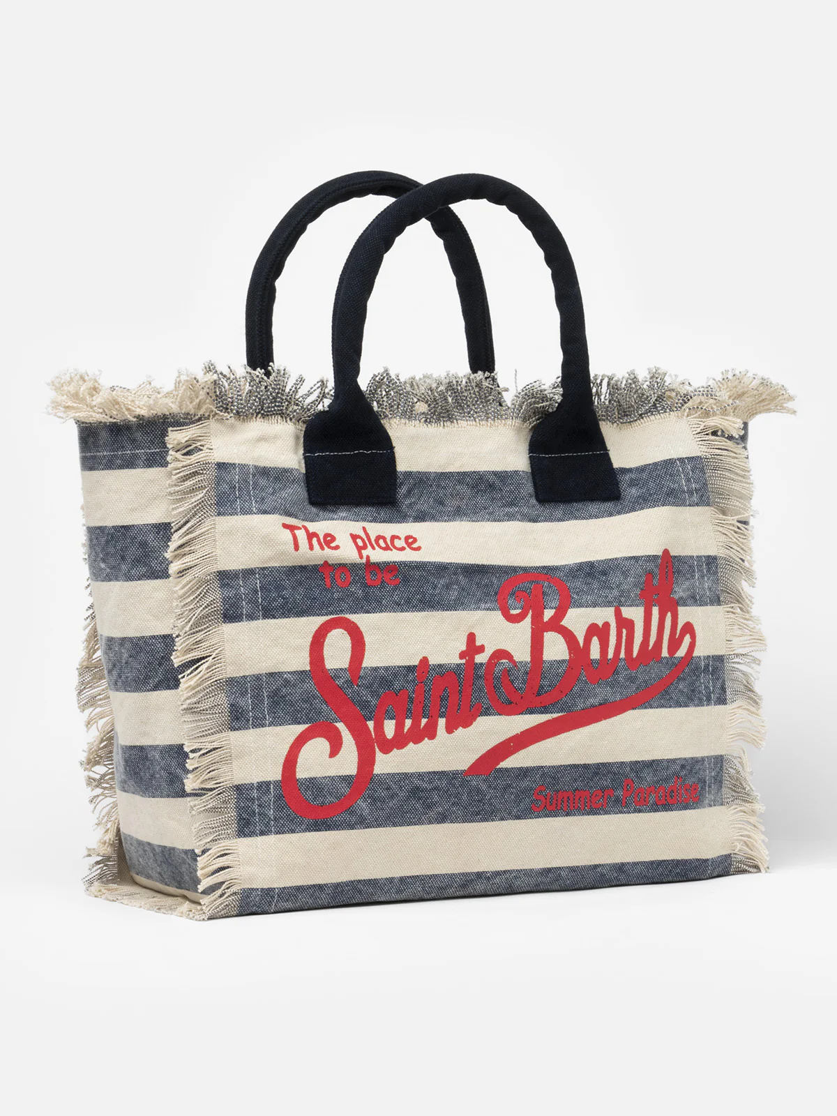 Vanity schoudertas van katoenen canvas met marineblauwe streepprint.