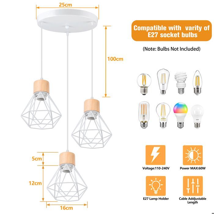 SNOGOLD Vintage hanglamp met 3 lampen (E27 fitting) van metaal en hout, geschikt voor woonkamer en slaapkamer, wit