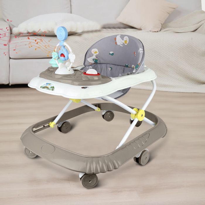 Girello/Giocattolo convertibile 4 in 1, adatto a bambini e bambine, anticaduta, con musica e piatto per la pappa, colore marrone.