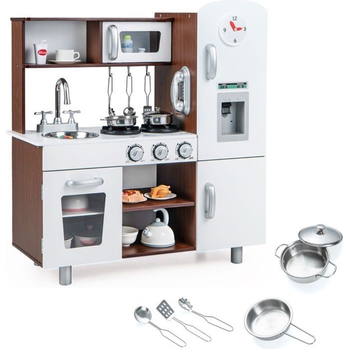 Cocina infantil DREAMADE con reloj y teléfono, efectos de luz y sonido realistas, fuente de agua y perillas giratorias, color marrón.