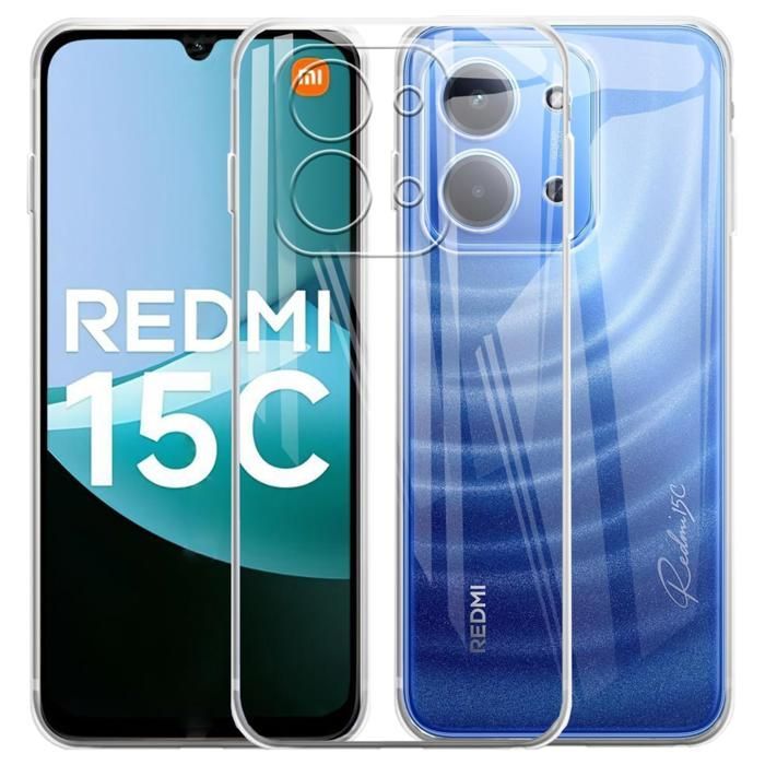 Case and screen protector - PHONILLICO - Xiaomi Redmi 15C 4G - Flexible - Transparent - 2 Tempered Glass Screen Protectors