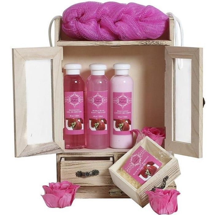 BRUBAKER Cosmetics - Coffret de bain - Fraise - 10 Pièces - Armoire en Bois - Idée cadeau