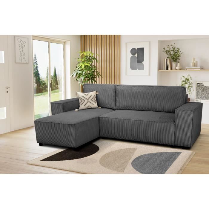 Sofá cama esquinero reversible - 4 plazas - JOSH - Tejido de pana - Antracita - Compartimento de almacenamiento - 242 x 155 x 86 cm