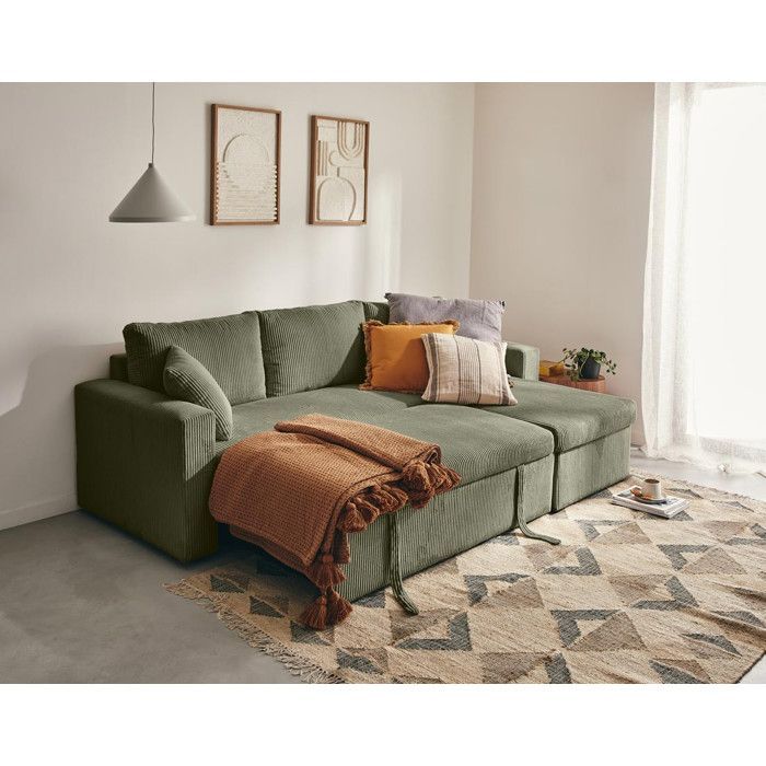 Cyrus - Sofá cama esquinero reversible de 4 plazas con almacenamiento - en pana - Verde