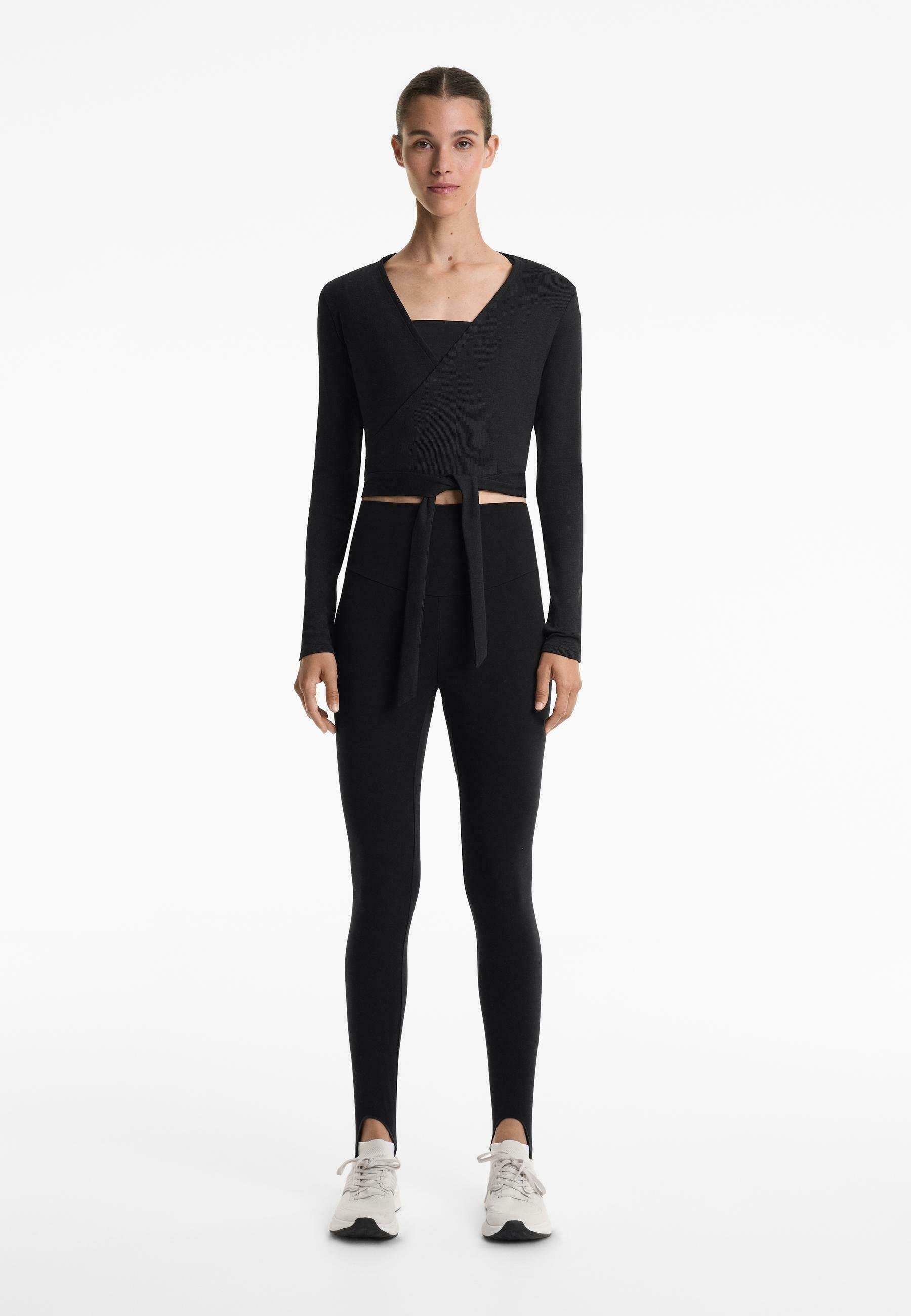 OYSHO RIB COTTON WRAP - Maglia a maniche lunghe - nera