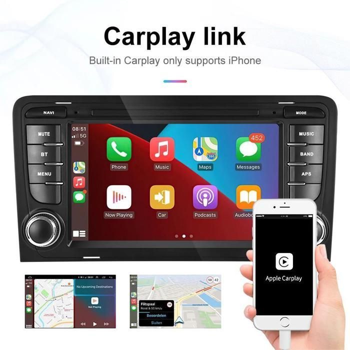 Autoradio da 7 pollici compatibile con CarPlay, Android Auto, Bluetooth/Wi-Fi/FM e navigazione GPS.