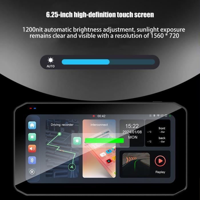 GPS-Navigation, 6,25-Zoll-Touchscreen, 2K-IP65-Fahrtenaufzeichnung, Dual-Bluetooth-Funkverbindung, CarPlay, Android Auto-Bildschirm, für Motorrad