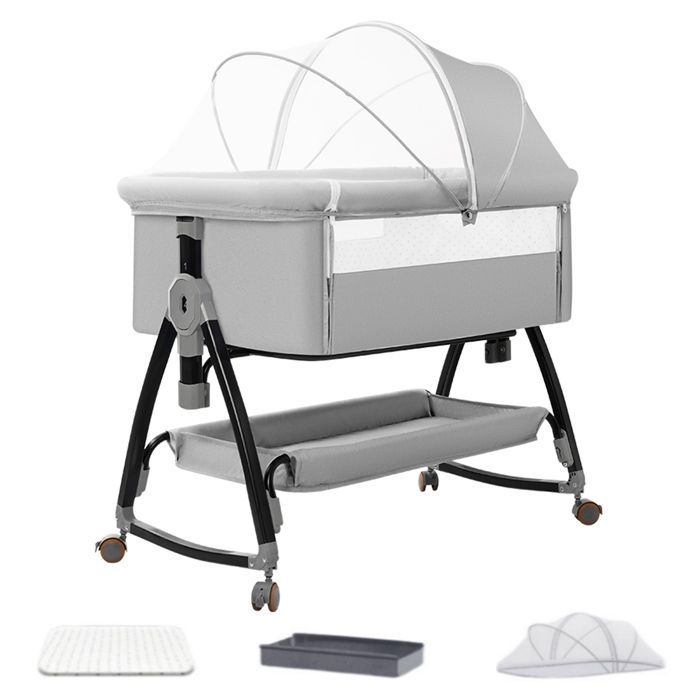 Baby Co-Sleeping Crib with Mattress, Mosquito Net, Changing Table, Rocking and Recline Modes, 6 Adjustable Heights, For 0-18 Months - Grey