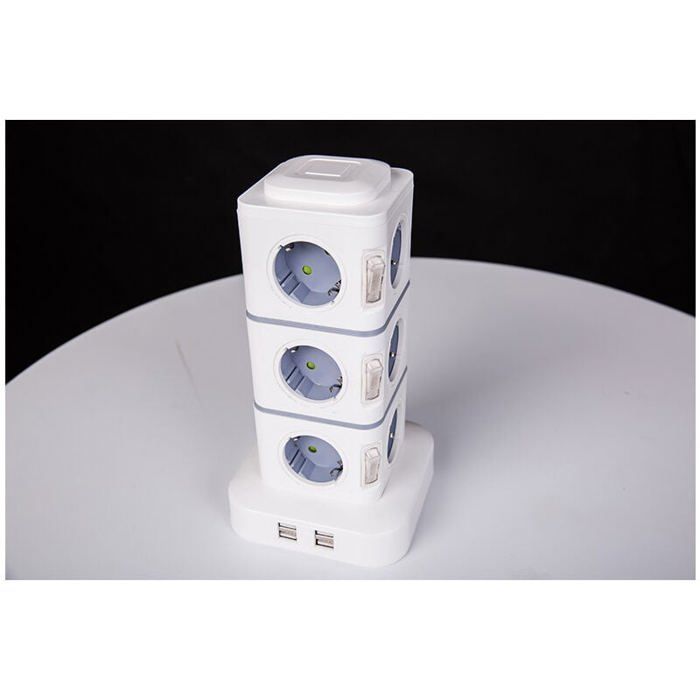 Torre de tomadas com 12 entradas - 2500W / 10A - com 4 portas USB, protetor contra surtos - cabo de extensão de 3 metros