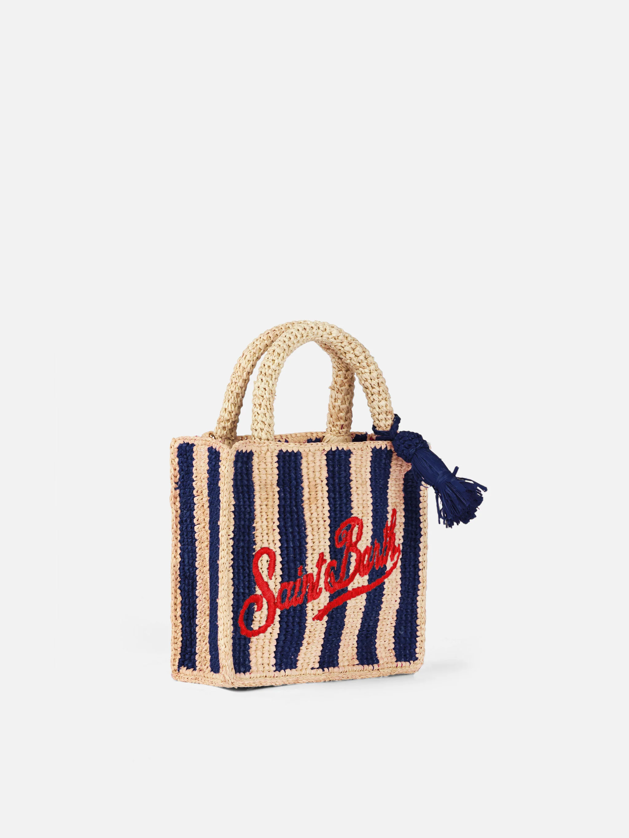 Mini-toilettasje van raffia met blauwe strepen en borduurwerk.