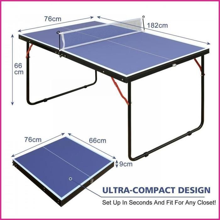 Table de ping-pong pliable 4,5FT (137,2cm) - Portable avec filet, 2 raquettes et 3 balles - Bleu
