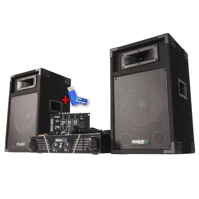 Paquete completo de sistema de sonido Ibiza DJ300 de 480 W + mezclador + 2 altavoces + micrófono + memoria USB de 32 GB