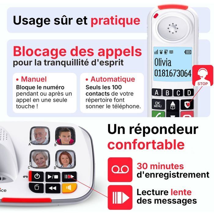 Téléphone fixe sans fil - SUTEO - Larges touches - Répondeur 30 min - Amplification audio 40dB - Sonneries 90dB