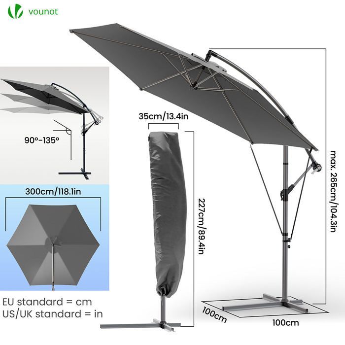 VOUNOT® Parasol déporté inclinable avec sangle de fixation 3M Gris - Rotatif 360° - Inclinaison réglable - Housse de protection