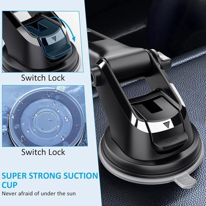 Support téléphone voiture ventouse + grille d’aération, rotation 360°, libération rapide, tableau de bord pare-brise