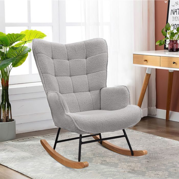 Mecedora - Forro polar - Metal y madera maciza - 68x75x92 cm - Gris claro