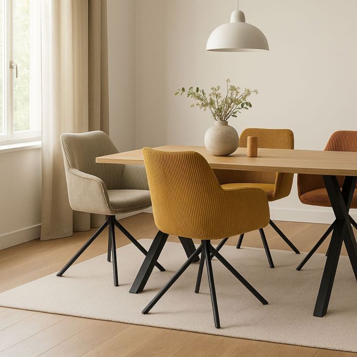 DELIA - Juego de 2 sillas de comedor giratorias en tela de pana beige